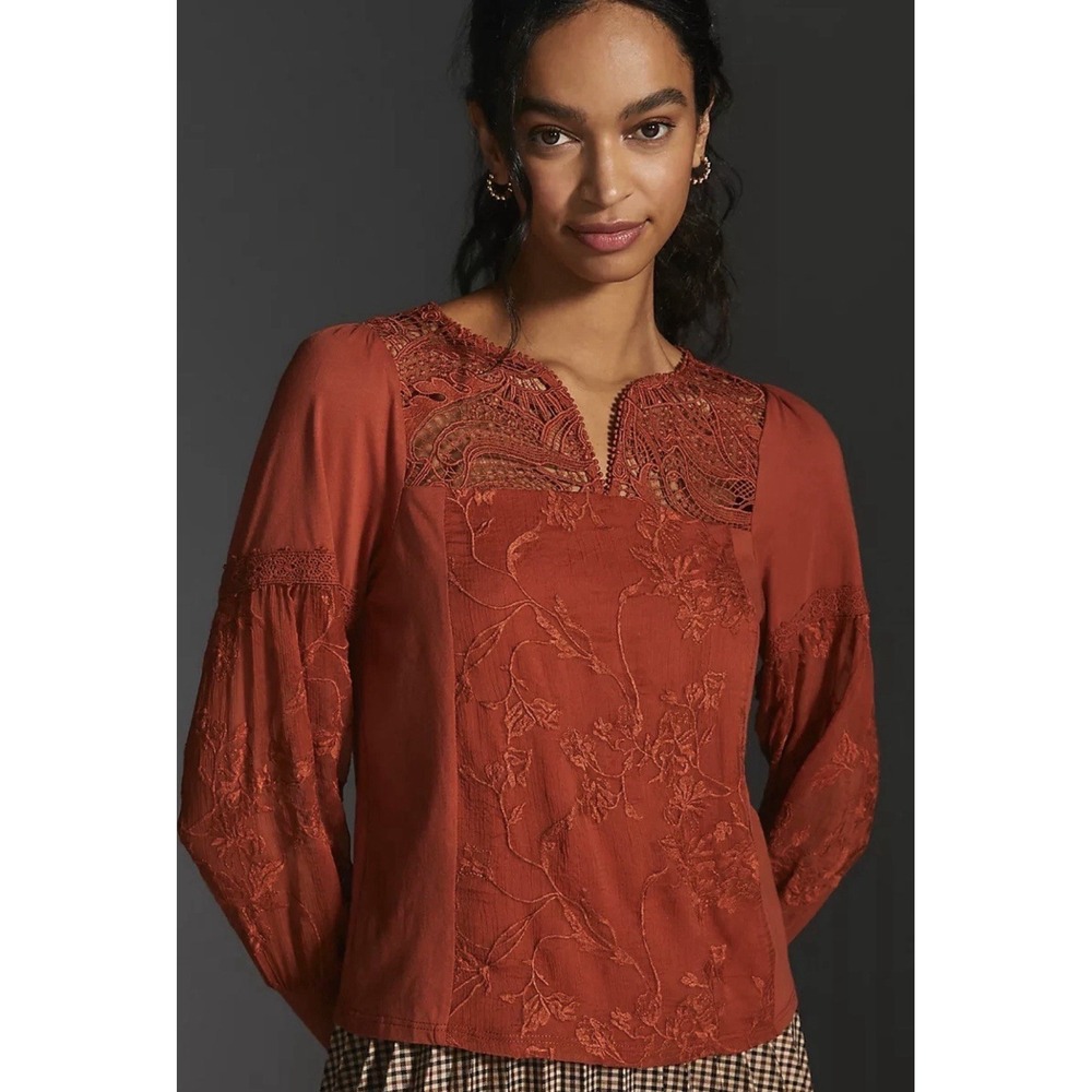 Anthropologie Tiny Noah Orange Embroidered Floral Boho Blouse Size XS $120